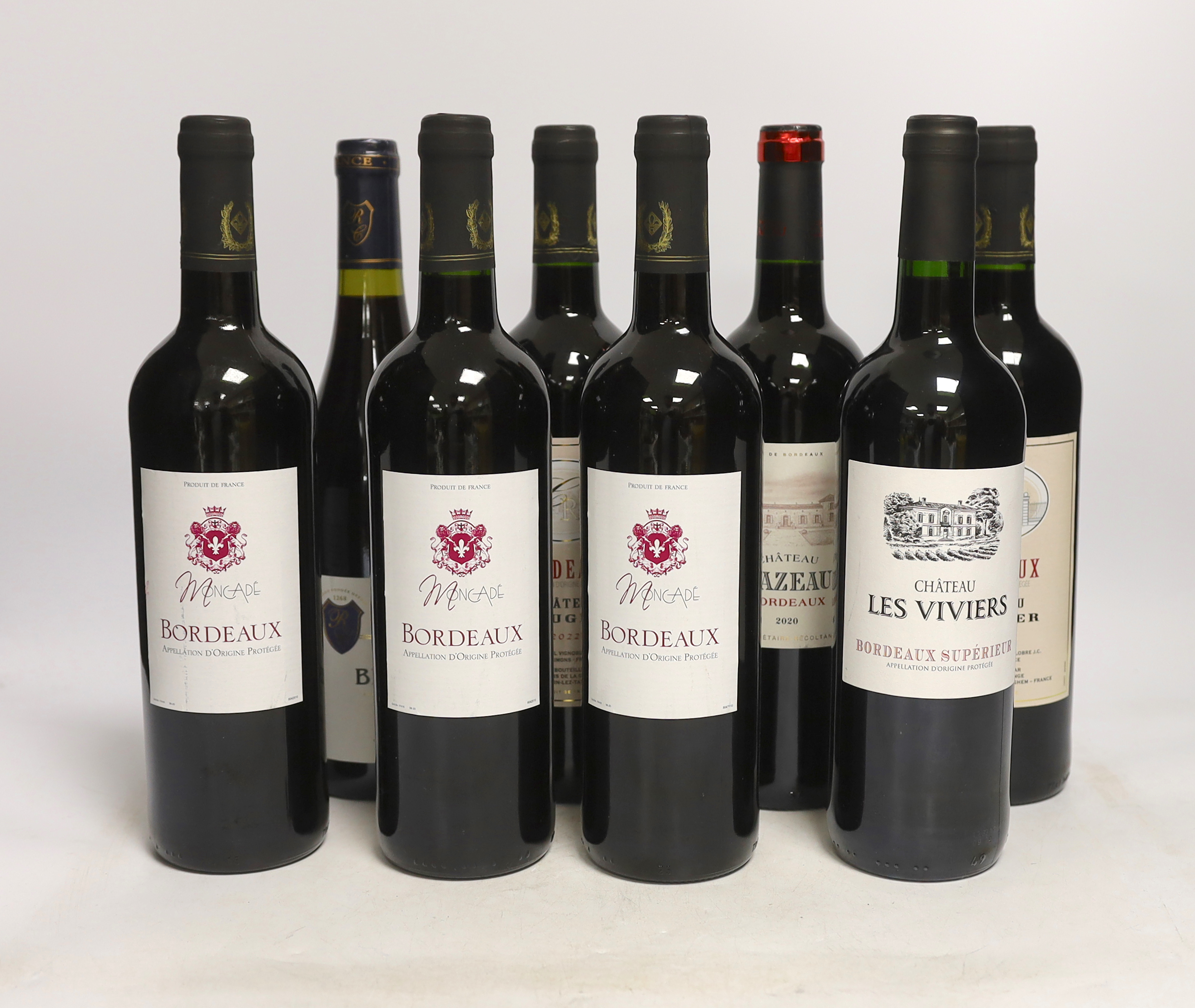 Eight bottles of wine including - three bottles of Moncade Bordeaux, two bottles of Chateau Rougier Bordeaux 2022, a bottle of Chateau Cazeau Bordeaux 2020, a bottle of Chateau Les Viviers Bordeaux Superieur and a bottle